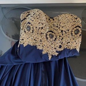 Floor length navy blue prom dress with leg slit